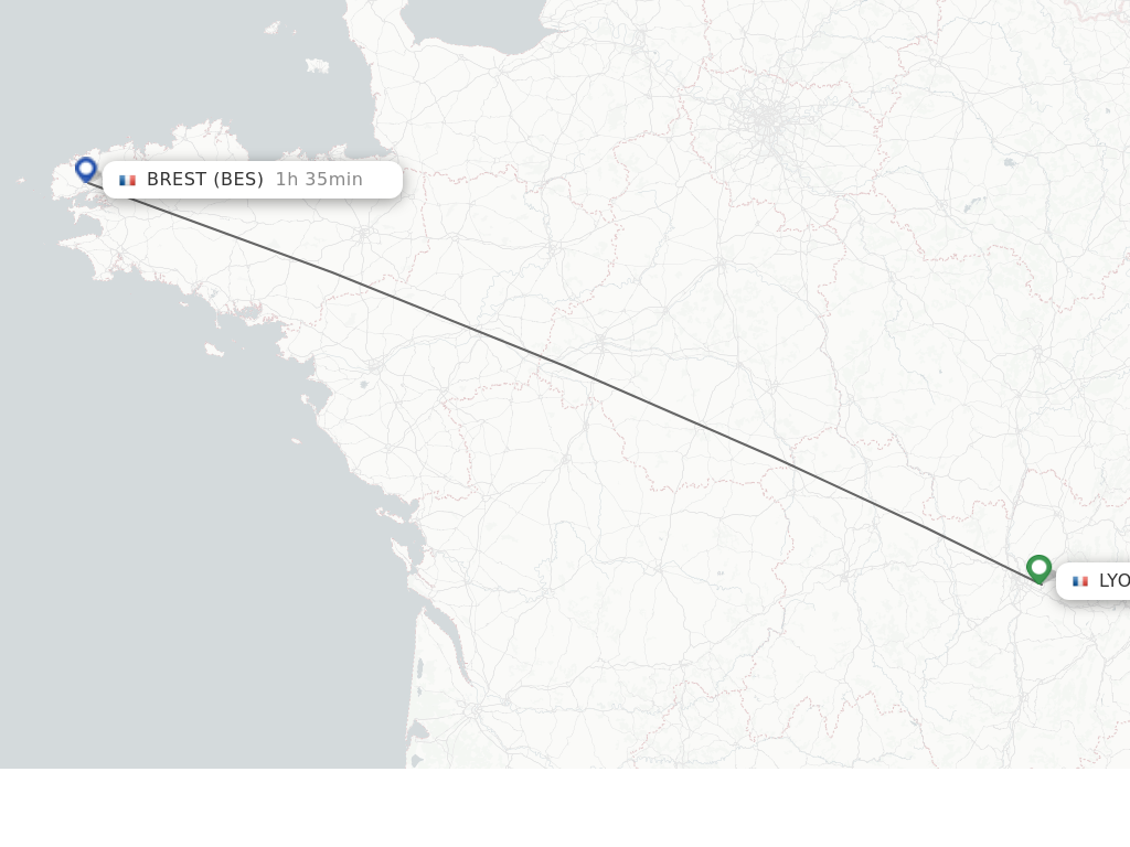Flights from Lyon to Brest route map