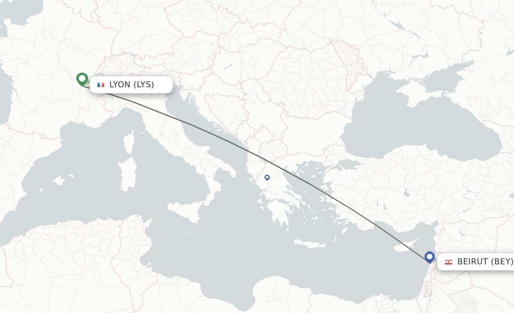 Flights from Lyon to Beirut route map