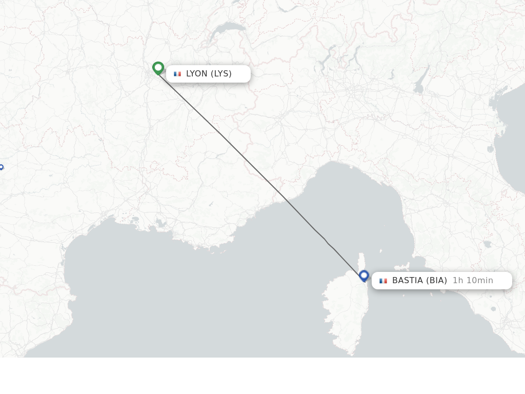 Flights from Lyon to Bastia route map