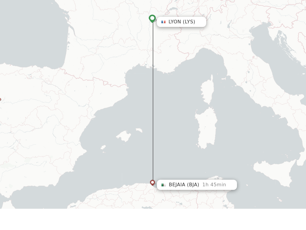 Flights from Lyon to Bejaia route map