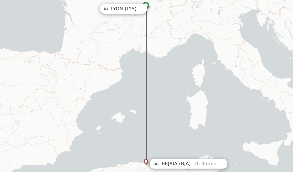 Flights from Lyon to Bejaia route map