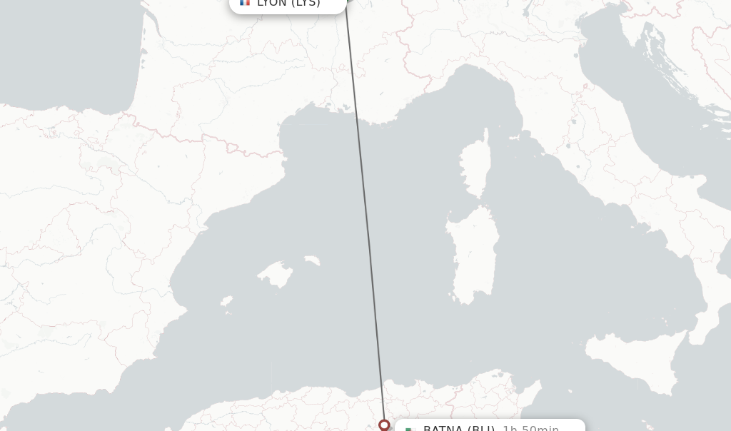 Flights from Lyon to Batna route map