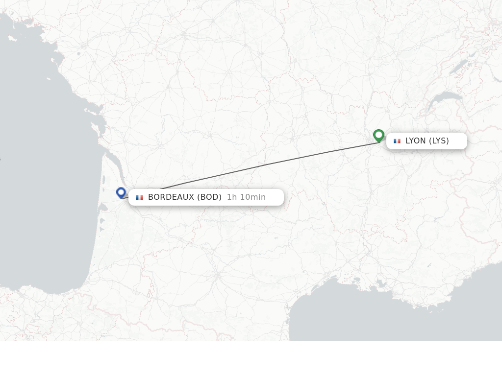 Flights from Lyon to Bordeaux route map