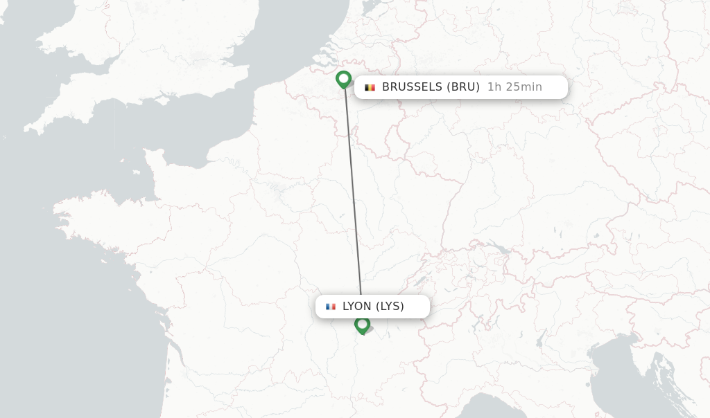 Flights from Lyon to Brussels route map