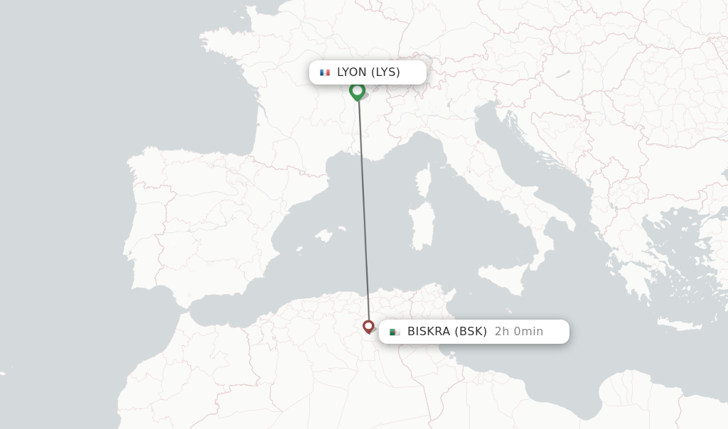 Flights from Lyon to Biskra route map
