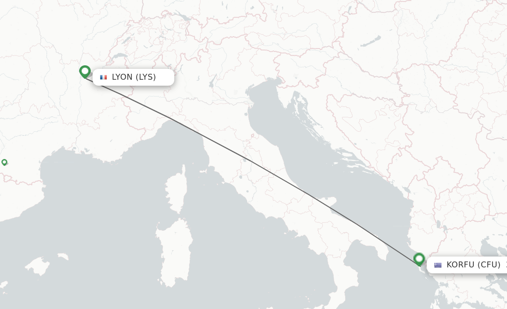 Flights from Lyon to Korfu route map