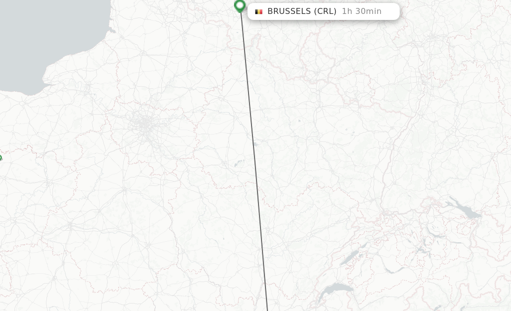 Flights from Lyon to Brussels route map