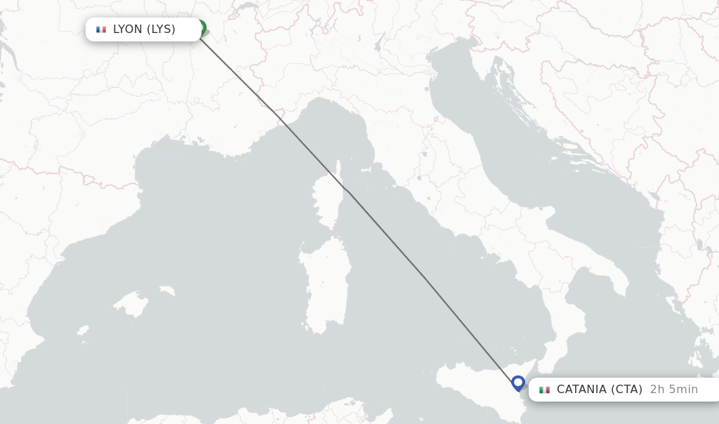 Flights from Lyon to Catania route map