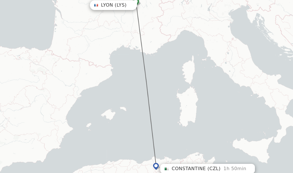 Flights from Lyon to Constantine route map