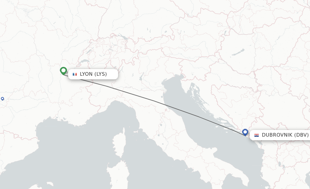 Flights from Lyon to Dubrovnik route map