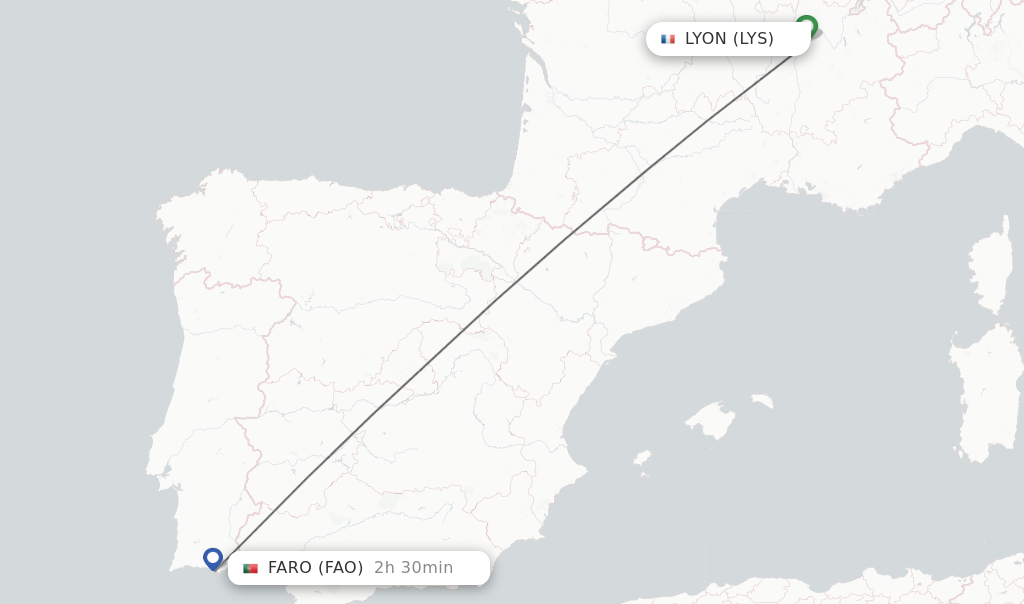 Flights from Lyon to Faro route map