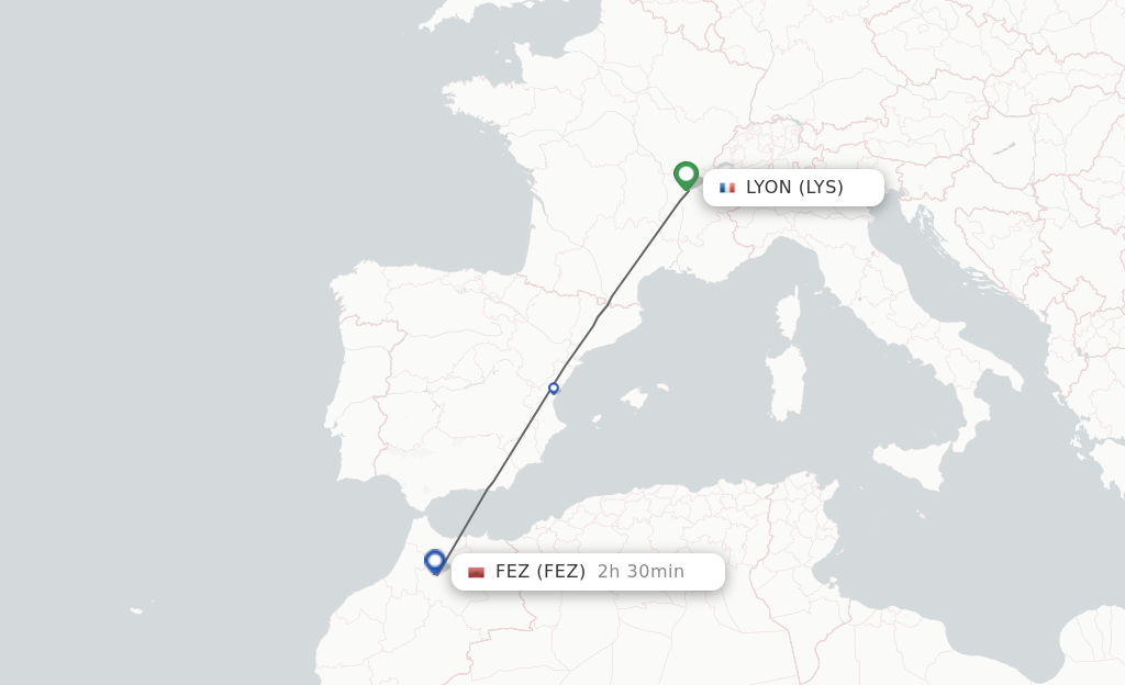Flights from Lyon to Fez route map