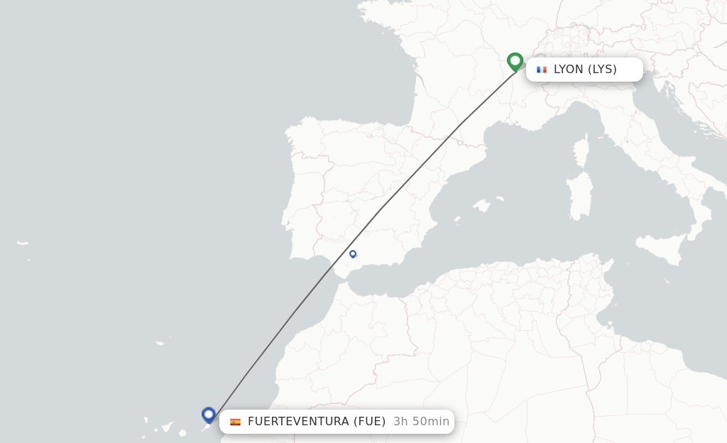Flights from Lyon to Puerto del Rosario route map