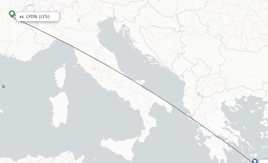 Flights from Lyon to Thira route map