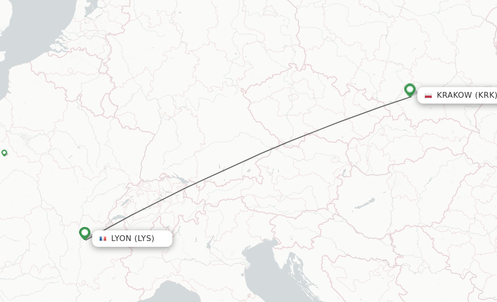 Flights from Lyon to Krakow route map
