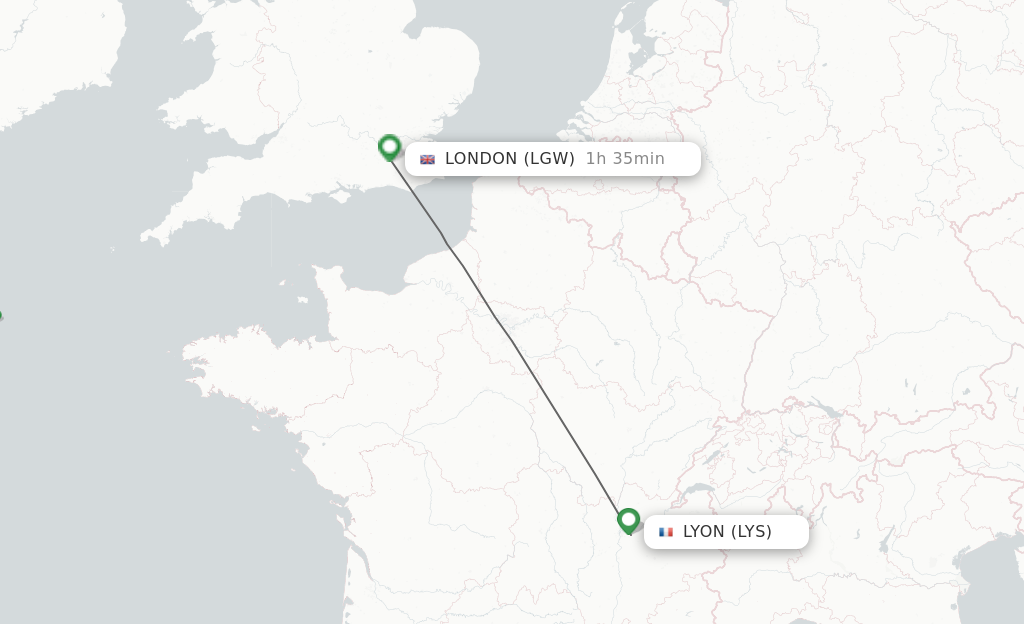 Flights from Lyon to London route map