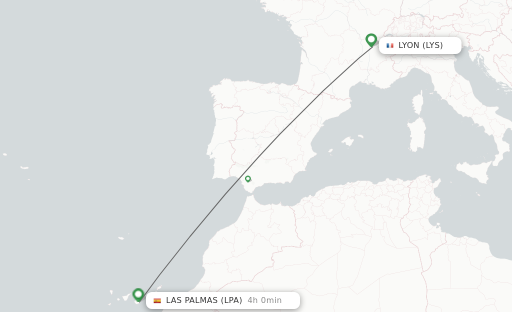Flights from Lyon to Las Palmas route map