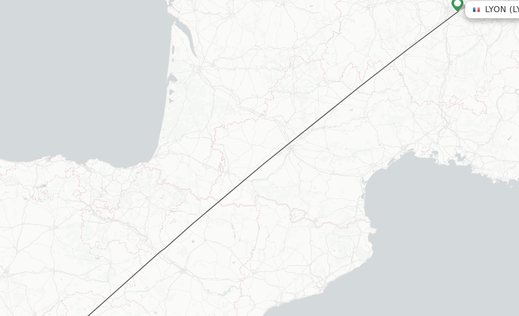 Flights from Lyon to Madrid route map