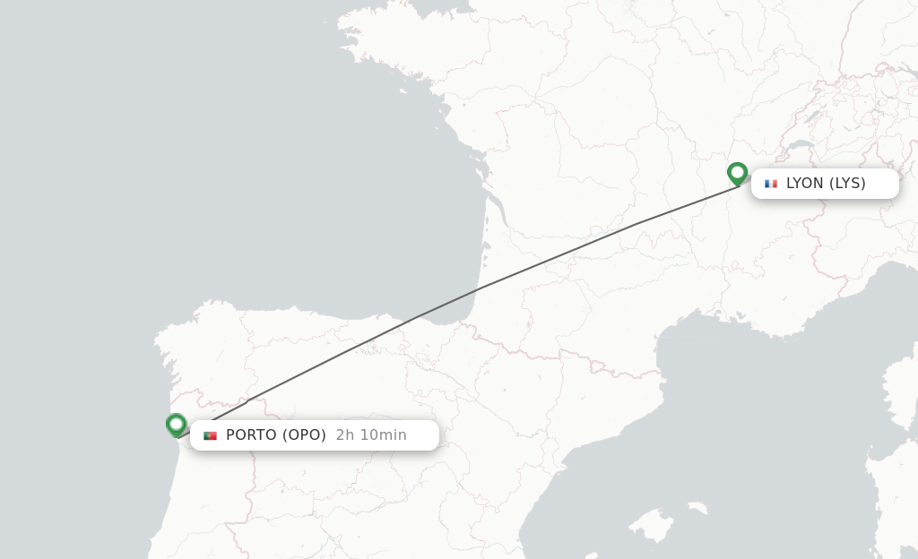 Flights from Lyon to Porto route map