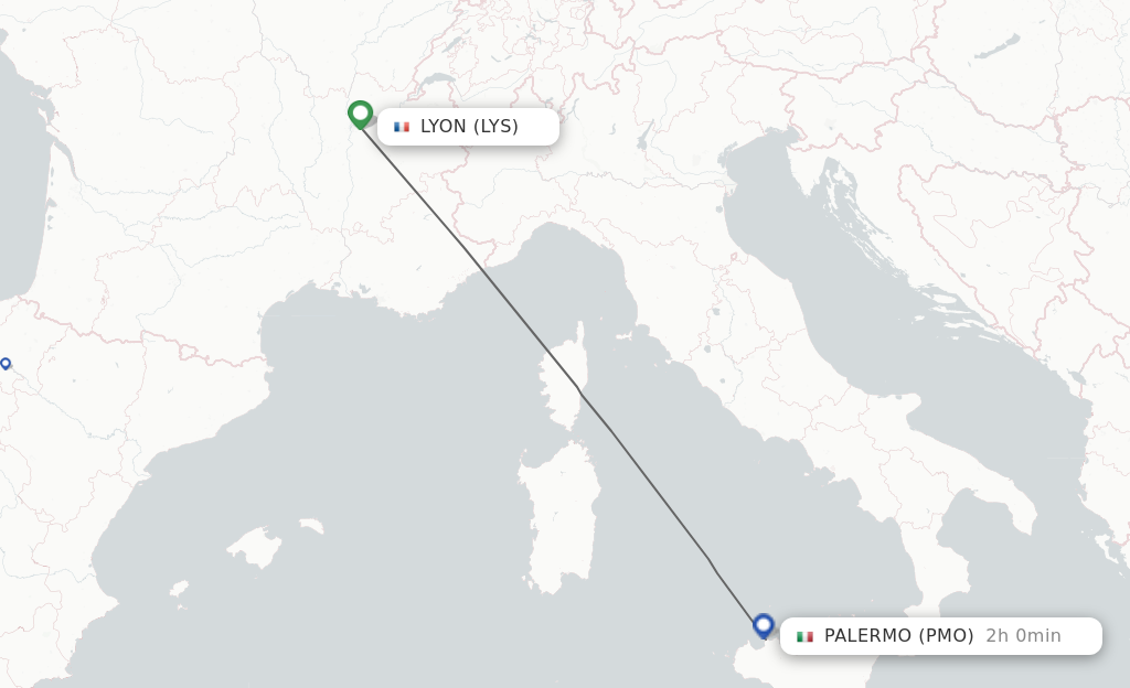 Flights from Lyon to Palermo route map