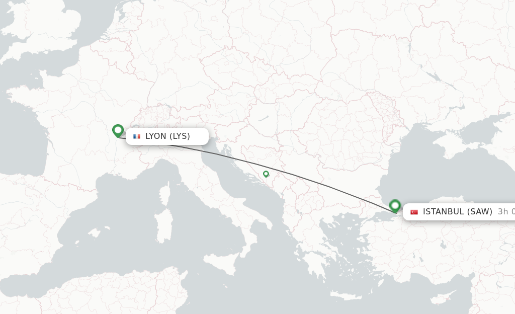 Flights from Lyon to Istanbul route map