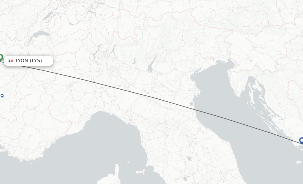 Flights from Lyon to Split route map