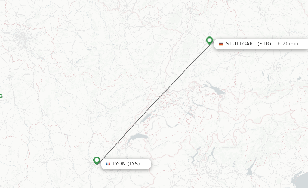 Flights from Lyon to Stuttgart route map