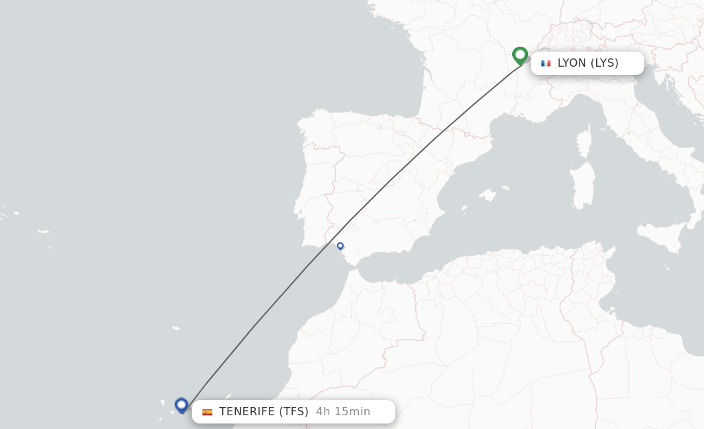 Flights from Lyon to Tenerife route map