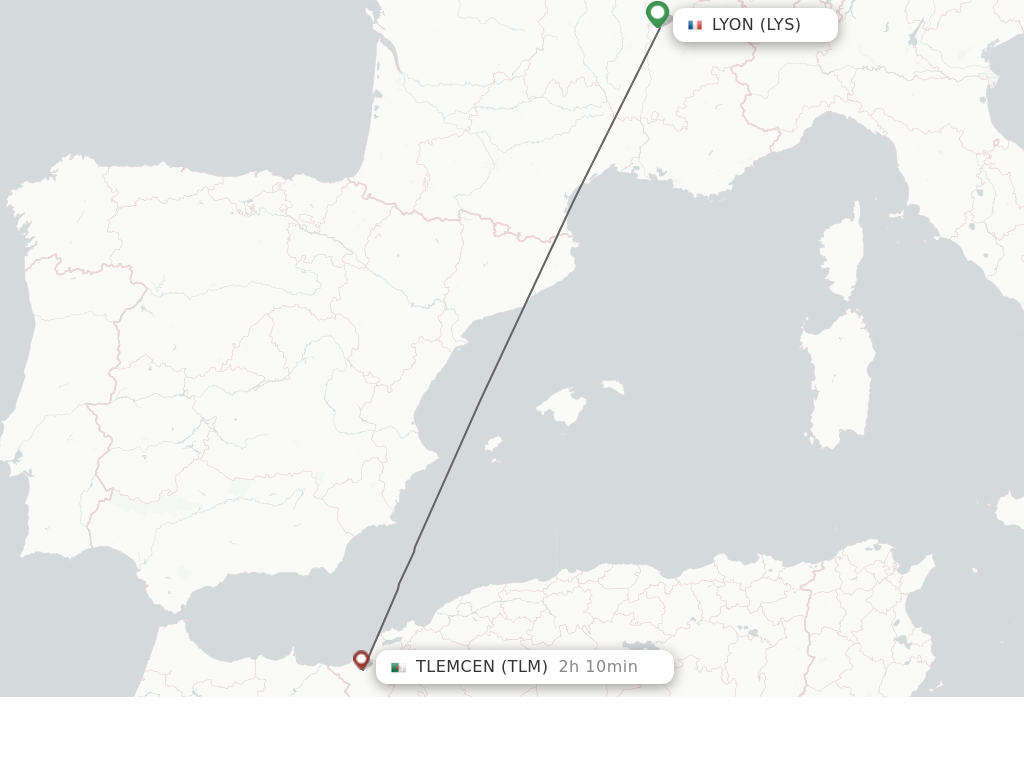 Flights from Lyon to Tlemcen route map