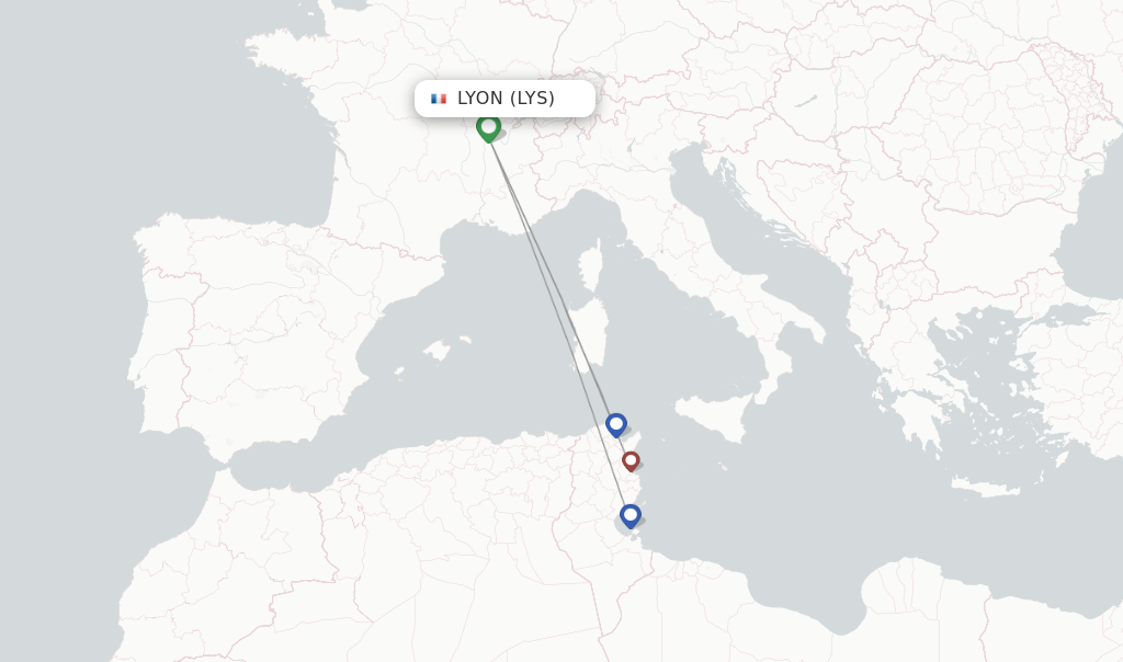 Route map with flights from Lyon with Tunisair