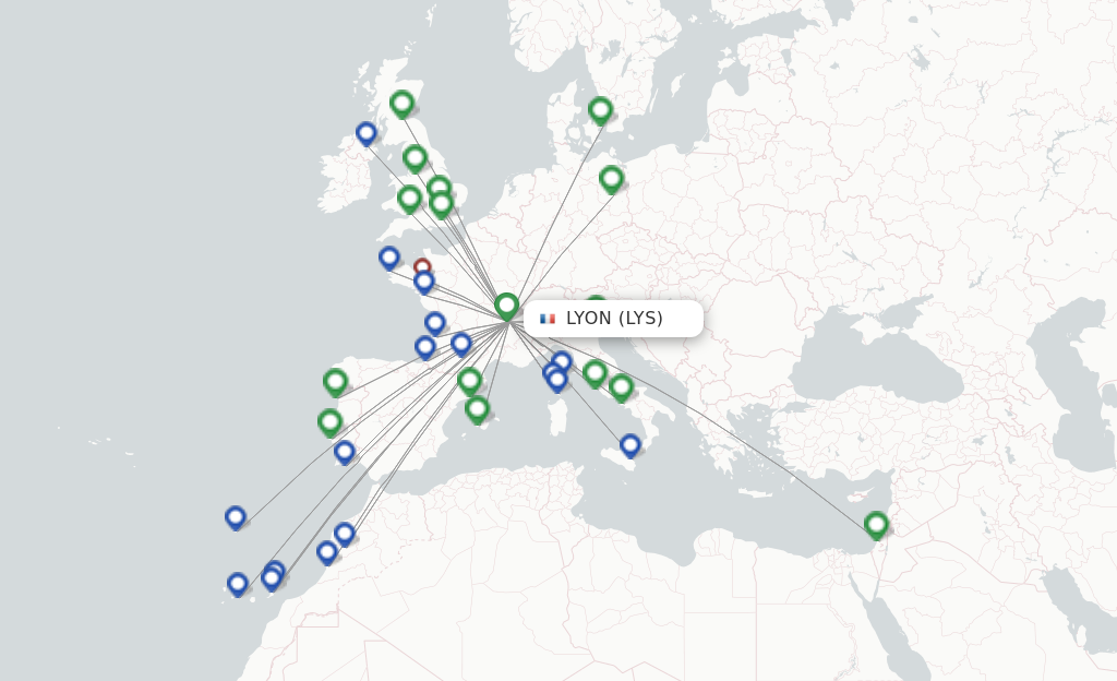 Route map with flights from Lyon with easyJet