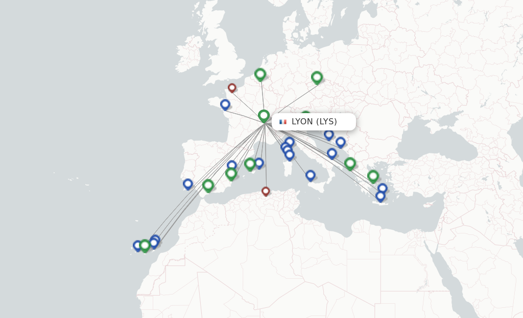 Route map with flights from Lyon with Volotea