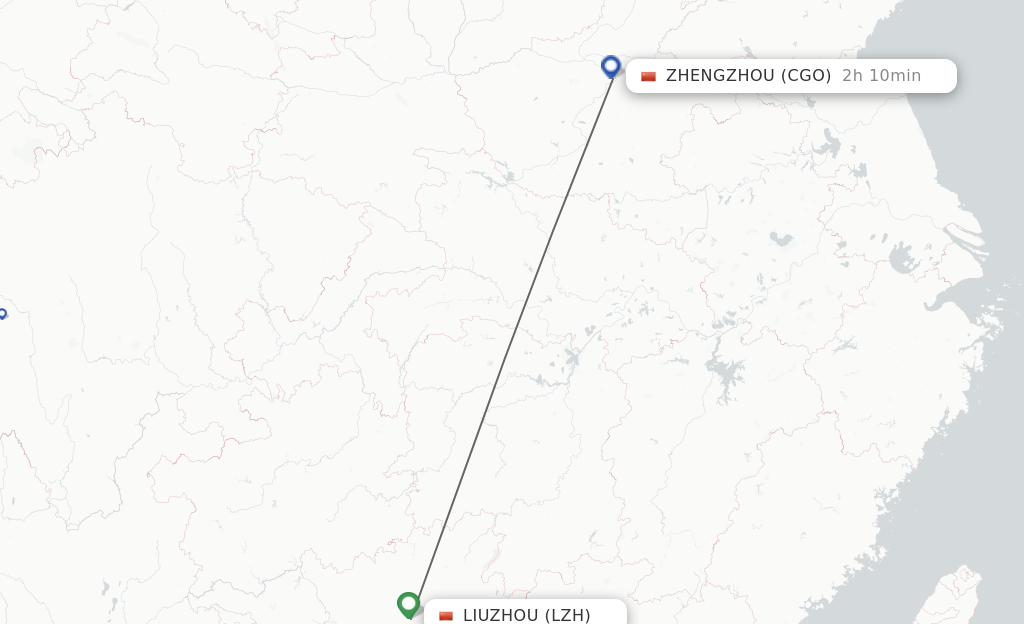 Flights from Liuzhou to Zhengzhou route map