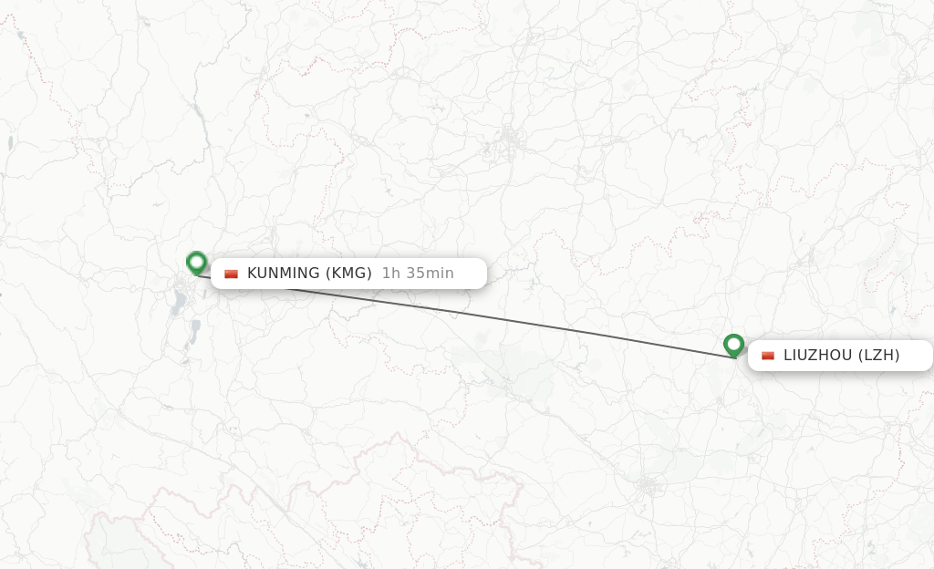 Flights from Liuzhou to Kunming route map