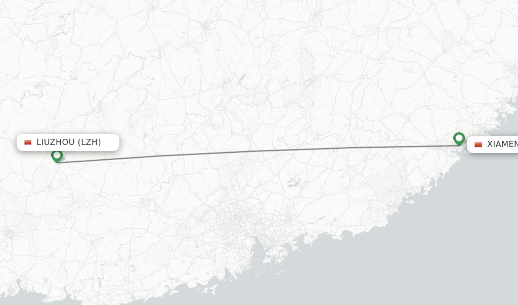 Flights from Liuzhou to Xiamen route map