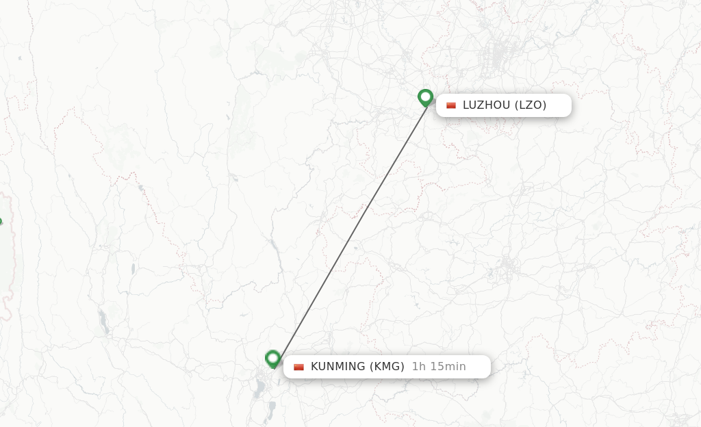 Flights from Luzhou to Kunming route map