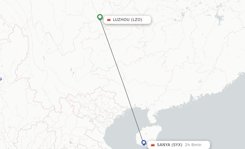 Flights from Luzhou to Sanya route map