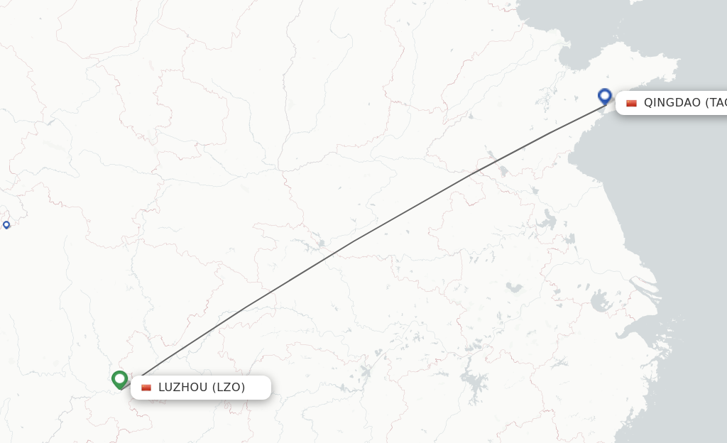 Flights from Luzhou to Qingdao route map