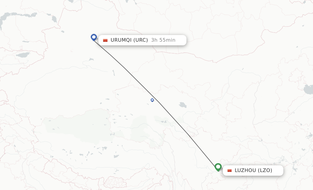 Flights from Luzhou to Urumqi route map