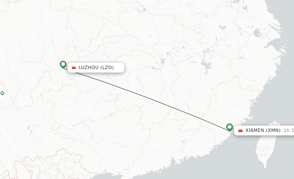 Flights from Luzhou to Xiamen route map