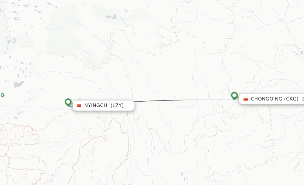 Flights from Nyingchi to Chongqing route map