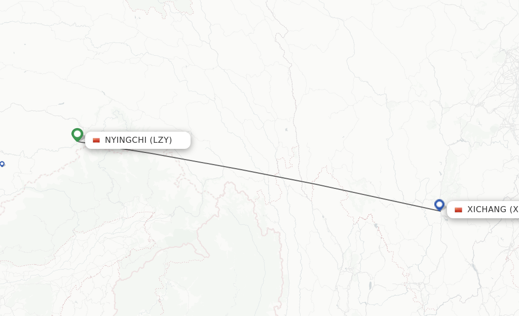 Flights from Nyingchi to Xichang route map