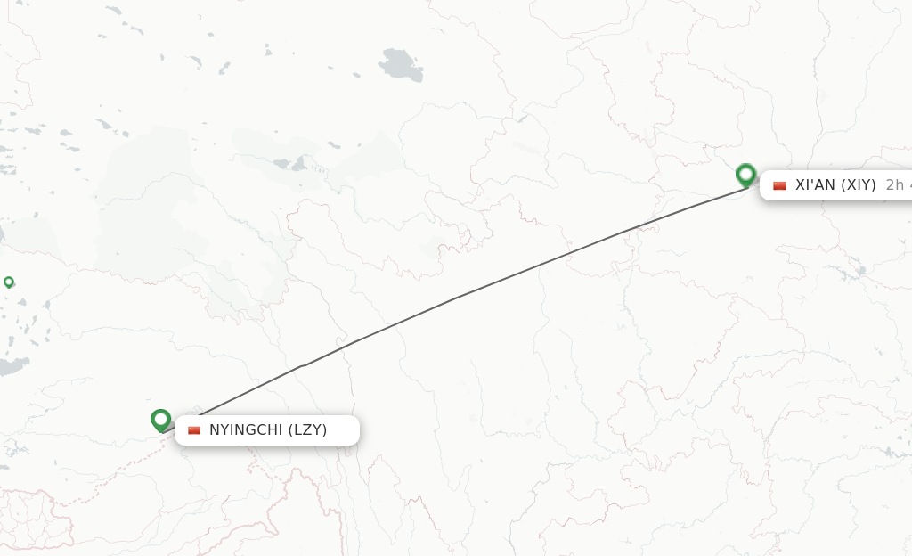 Flights from Nyingchi to Xi'an route map