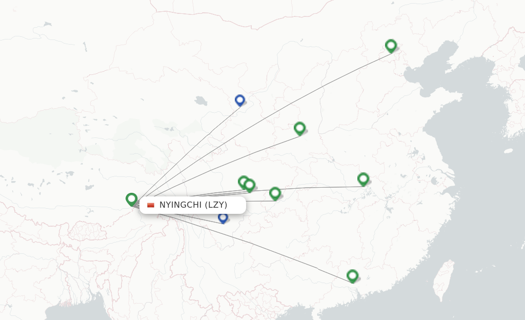 Flights from Nyingchi to Zhongchuan route map