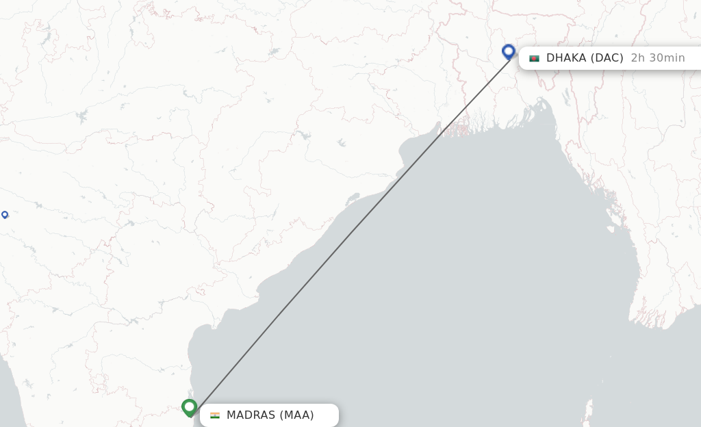 Flights from Chennai to Dhaka route map