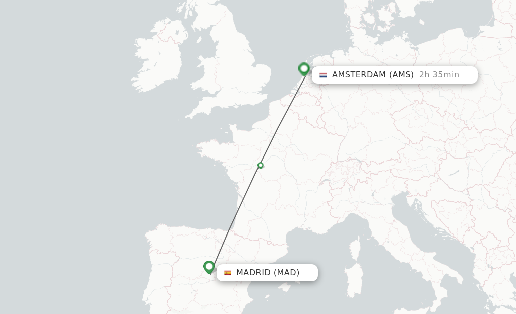 Flights from Madrid to Amsterdam route map