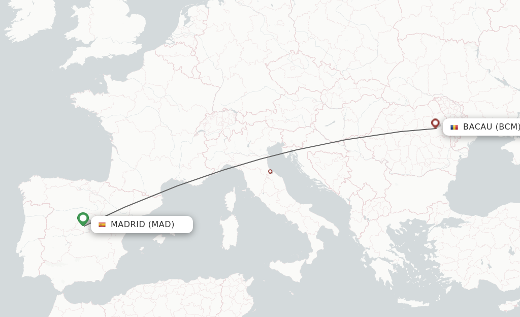 Flights from Madrid to Bacau route map