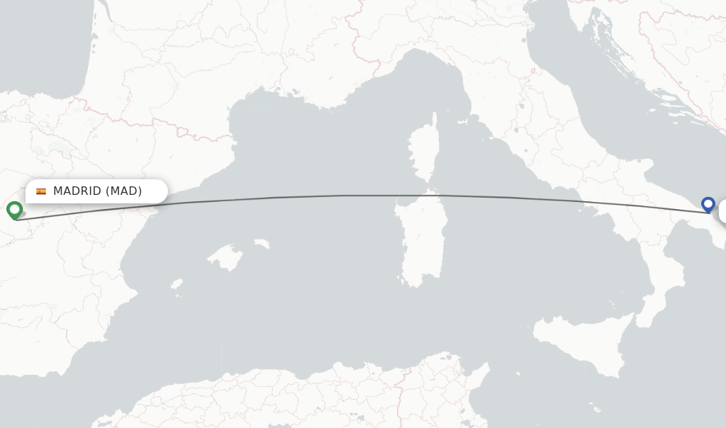 Flights from Madrid to Brindisi route map