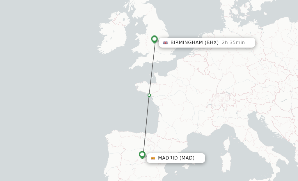 Flights from Madrid to Birmingham route map