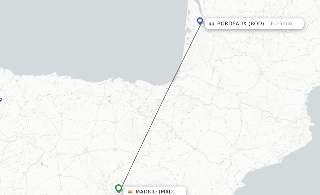 Flights from Madrid to Bordeaux route map